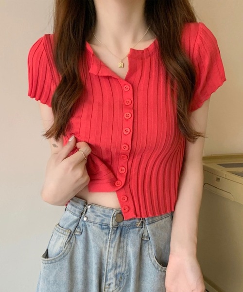 GLAMOROUS JANE(グラマラスジェーン)の「フロントボタン半袖ニットトップス(ニット/セーター・レディース・レッド/ピンク/ホワイト/ブラック・FREE)」の9枚目の写真