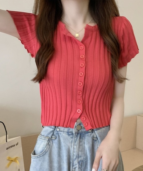 GLAMOROUS JANE(グラマラスジェーン)の「フロントボタン半袖ニットトップス(ニット/セーター・レディース・レッド/ピンク/ホワイト/ブラック・FREE)」の7枚目の写真