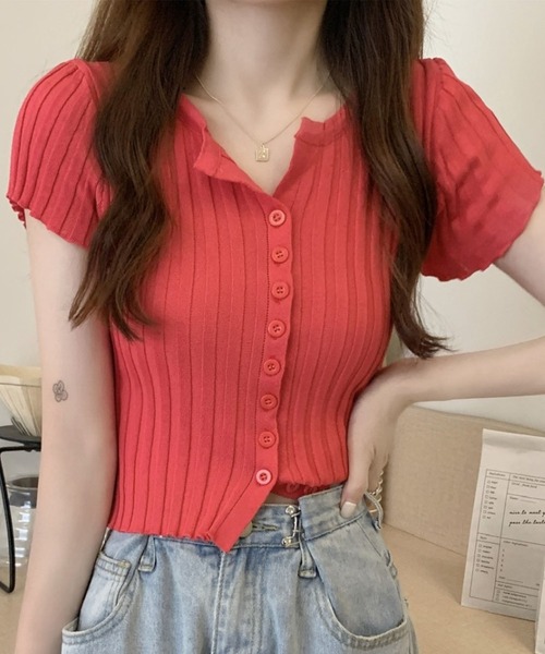 GLAMOROUS JANE(グラマラスジェーン)の「フロントボタン半袖ニットトップス(ニット/セーター・レディース・レッド/ピンク/ホワイト/ブラック・FREE)」の6枚目の写真