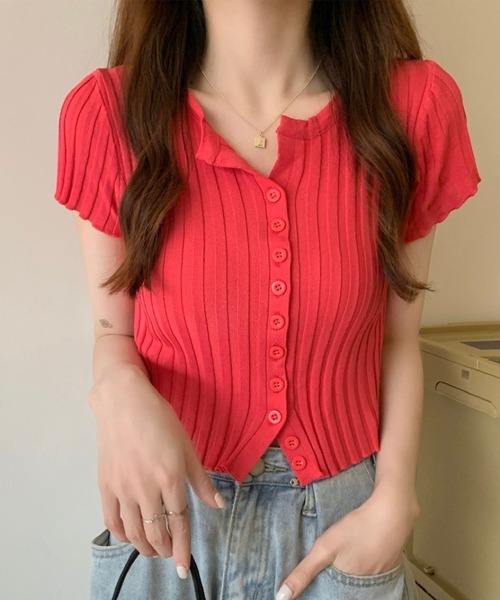GLAMOROUS JANE(グラマラスジェーン)の「フロントボタン半袖ニットトップス(ニット/セーター・レディース・レッド/ピンク/ホワイト/ブラック・FREE)」の5枚目の写真