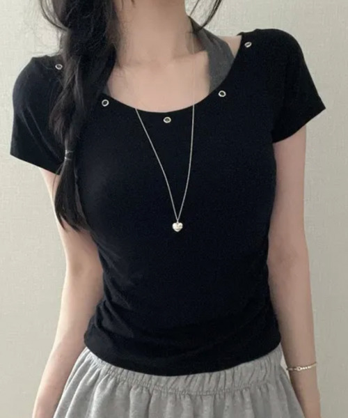 VIVID LADY(ビビッドレディー)の「ハトメホルター レイヤード風 半袖トップス(Tシャツ/カットソー・レディース・グレー/ブラック/ブルー・FREE)」の13枚目の写真