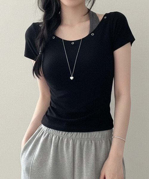 VIVID LADY(ビビッドレディー)の「ハトメホルター レイヤード風 半袖トップス(Tシャツ/カットソー・レディース・グレー/ブラック/ブルー・FREE)」の15枚目の写真