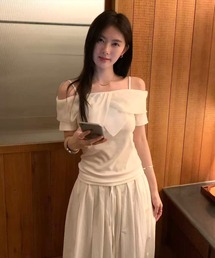 【WEB限定】リボン風オフショルカットソー［骨格ウェーブ／フェミニン／主役級トップス／韓国ファッション］