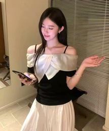 【WEB限定】リボン風オフショルカットソー［骨格ウェーブ／フェミニン／主役級トップス／韓国ファッション］