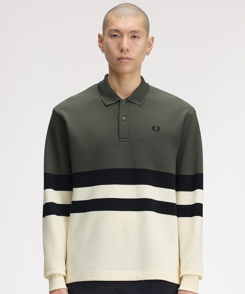 FRED PERRY(フレッドペリー)の「Colour Block Collared Sweatshirt/カラーブロックカラードスウェット(スウェット・メンズ・ダークオリーブ・L/M/S)」の5枚目の写真