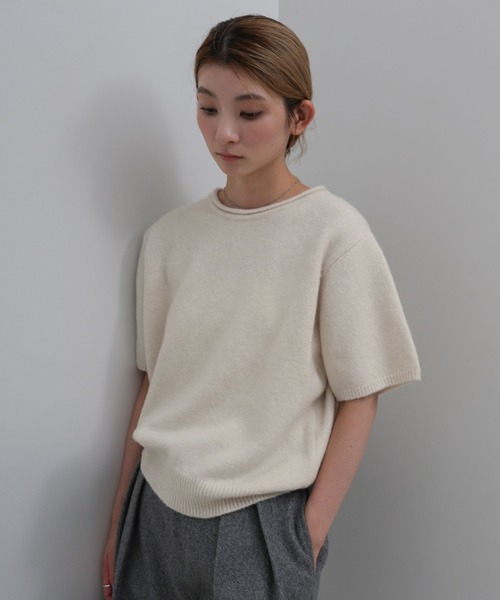 select MOCA（セレクトモカ）の「ネックデザインハーフスリーブニット（ニット/セーター・レディース・ブラウン/アイボリー/グレー・FREE）」の3枚目の写真
