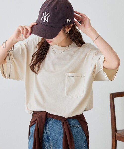 DISCOAT(ディスコート)の「【Enlude】配色ステッチドロストTシャツ《ユニセックス》(Tシャツ/カットソー・レディース・アイボリー/ブラウン/カーキ・LARGE/MEDIUM)」の2枚目の写真