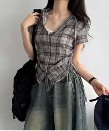 フード付き半袖チェックシャツ