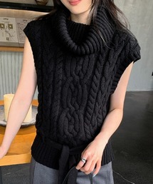 ケーブル編み ハイネック ウエストリボン ニットベスト