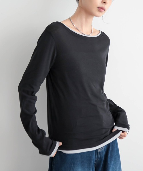 for/c(フォーシー)の「コットンシアーバイカラーロンT【サスティナブル】(Tシャツ/カットソー・レディース・ブラック/ライトグリーン/グレー/オフホワイト・M/L)」の3枚目の写真