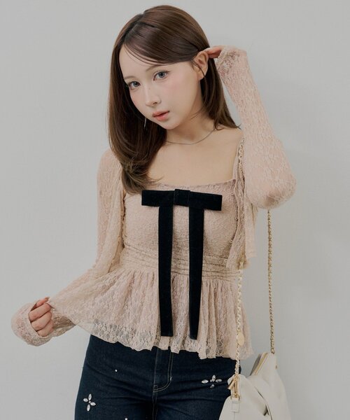 Chico(チコ)の「レースリボンキャミ+カーデセット(Tシャツ/カットソー・レディース・ピンクベージュ/ブラック/アイボリー・FREE)」の9枚目の写真