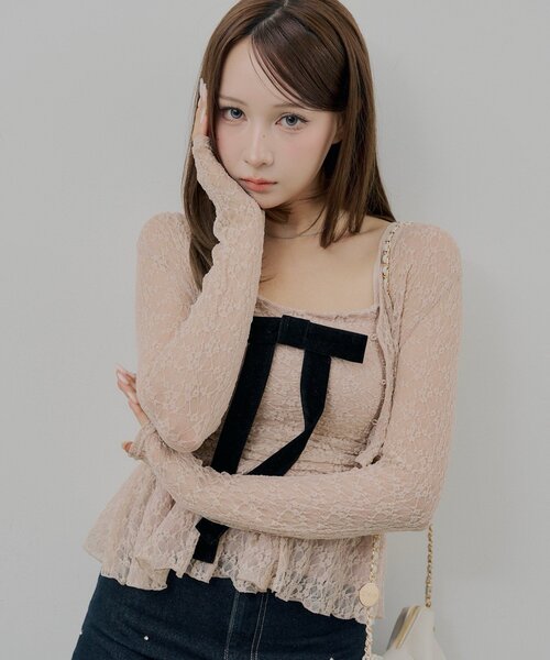 Chico(チコ)の「レースリボンキャミ+カーデセット(Tシャツ/カットソー・レディース・ピンクベージュ/ブラック/アイボリー・FREE)」の10枚目の写真