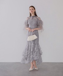 【LEJA】ハイネックドロップホールフリルチュールスパンコールマーメイドワンピースドレス美脚効果結婚式 パーティードレス 成人式 二次会 同窓会 お呼ばれ オケージョン 20代 30代