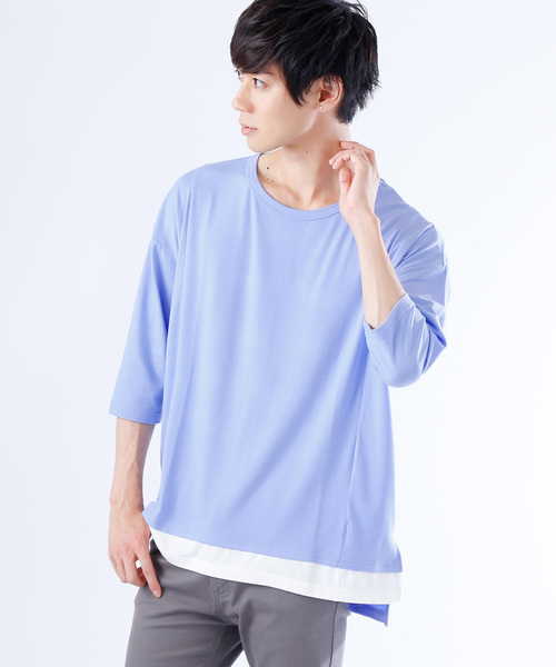 MONO-MART(モノマート)の「ドロップショルダー裾レイヤードヘムラインカットソー(3/4スリーブ)(Tシャツ/カットソー・メンズ・ブルー系その他/ホワイト系その他/ブラック系その他/グレー系その他/ブルー系その他2・FREE)」の1枚目の写真
