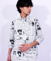 ニュースペーパー柄 7分袖シャツ コットン