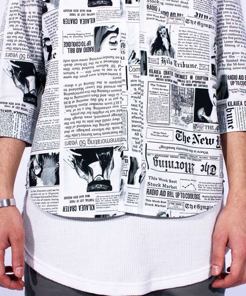 ８(eight)（エイト）の「ニュースペーパー柄 7分袖シャツ コットン（シャツ/ブラウス・メンズ・ホワイト/ブラック・MEDIUM/LARGE/X-LARGE）」の14枚目の写真