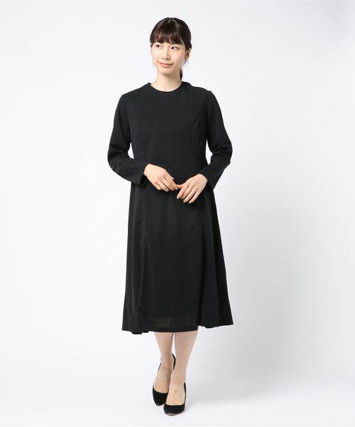 リュクス 長袖 ミモレ丈 貝殻模様 ドレス 上品 お出かけ モード セール】シンプル長袖フォーマルミモレ丈ワンピース・ドレス