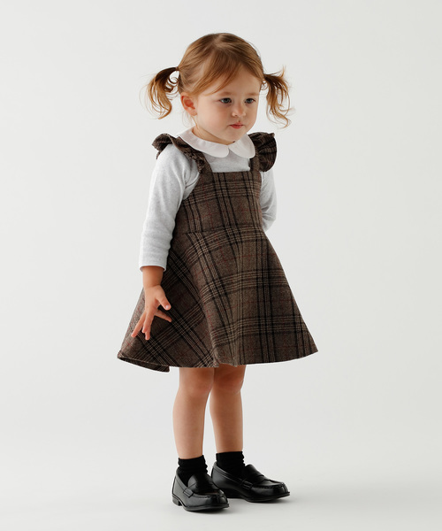 D.fesense（ディーフェセンス）の「【D.fesense /ディーフェセンス】肩フリルジャンスカ（ジャンパースカート・キッズ・グレー/ブラウン・80ｃｍ/90cm/100cm/110cm）」の2枚目の写真