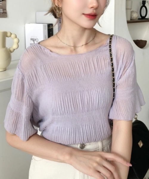 moment+（モーメントプラス）の「【累計販売枚数2万枚突破！】インナーキャミ付きマジョリカプリーツ半袖メローシアープルオーバー（シャツ/ブラウス・レディース・ブラック/オフホワイト/ライトグリーン/グレイッシュベージュ/パープル/ブラウン/オレンジ/ブラック系その他/ホワイト系その他/ミント/ベージュ/ライトベージュ/アイボリー/ナチュラル・M/L）」の13枚目の写真