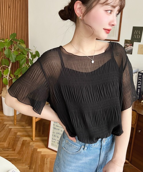 moment+（モーメントプラス）の「【累計販売枚数2万枚突破！】インナーキャミ付きマジョリカプリーツ半袖メローシアープルオーバー（シャツ/ブラウス・レディース・ブラック/オフホワイト/ライトグリーン/グレイッシュベージュ/パープル/ブラウン/オレンジ/ブラック系その他/ホワイト系その他/ミント/ベージュ/ライトベージュ/アイボリー/ナチュラル・M/L）」の19枚目の写真