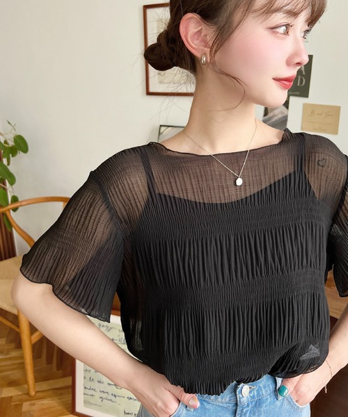 moment+（モーメントプラス）の「【累計販売枚数2万枚突破！】インナーキャミ付きマジョリカプリーツ半袖メローシアープルオーバー（シャツ/ブラウス・レディース・ブラック/オフホワイト/ライトグリーン/グレイッシュベージュ/パープル/ブラウン/オレンジ/ブラック系その他/ホワイト系その他/ミント/ベージュ/ライトベージュ/アイボリー/ナチュラル・M/L）」の20枚目の写真