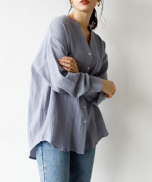 Auntie Rosa Holiday(アンティローザホリデー)の「キーネックダブルガーゼシャツ(シャツ/ブラウス・レディース・ホワイト/ブラック/パープル/イエロー/ブルー/グリーン/モカ・FREE)」の6枚目の写真
