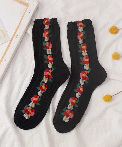 「kakko」（カッコ）の「レディース 花柄ラインソックス靴下（ソックス/靴下・レディース・A/B/C/D/E・ONE SIZE）」の2枚目の写真