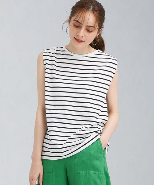 green label relaxing(グリーンレーベルリラクシング)の「FFC 袖デザイン ノースリーブ カットソー / ボーダー(Tシャツ/カットソー・レディース・ダークグレー/その他1/ケリー/ホワイト・FREE)」の5枚目の写真