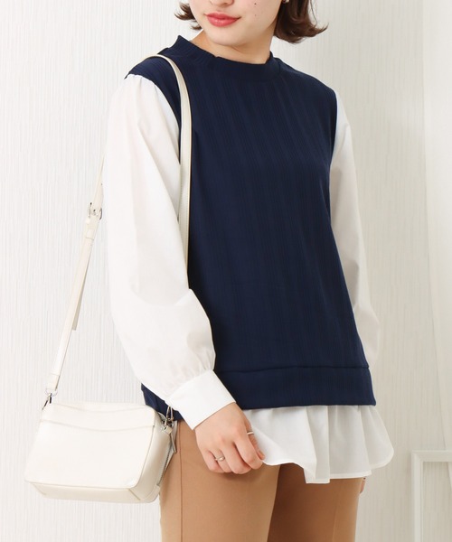 libelle more（リベル モア）の「ランダムテレコベスト＋シャツ切替プルオーバー（Tシャツ/カットソー・レディース・ブラウン/ベージュ/ブラック/ボルドー/ネイビー・M/L）」の4枚目の写真
