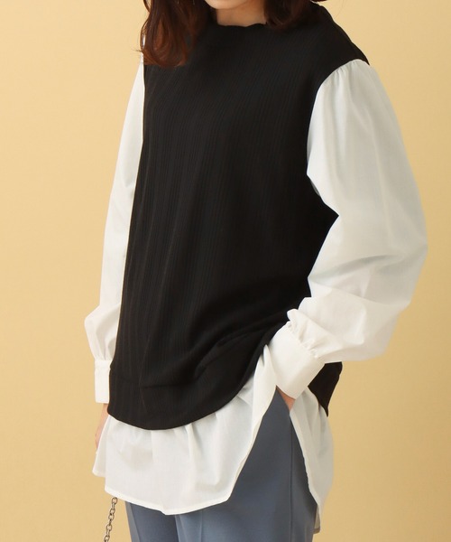 libelle more（リベル モア）の「ランダムテレコベスト＋シャツ切替プルオーバー（Tシャツ/カットソー・レディース・ブラウン/ベージュ/ブラック/ボルドー/ネイビー・M/L）」の2枚目の写真