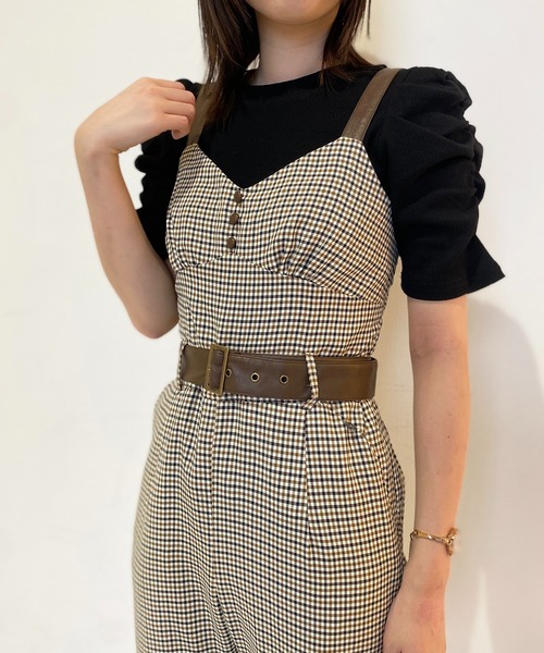 NOMAE（ノーマエ）の「【NOMAE】レザー配色チェックサロペット（サロペット/オーバーオール・レディース・ブラウン/ブラック系その他/ブラック・FREE）」の7枚目の写真