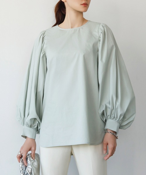 ELFRANK（エルフランク）の「ギャザーボリュームスリーブノーカラーブラウス（シャツ/ブラウス・レディース・ブラック/オフホワイト/ライトグリーン・FREE）」の11枚目の写真