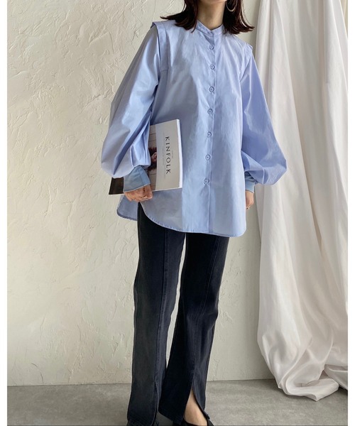 She's Closet（シーズクローゼット）の「スタンドカラーボリュームスリーブショルダータック長袖ブラウス（シャツ/ブラウス・レディース・ホワイト/ブラック/ピンク/ブルー/ライトベージュ/オレンジ/スモークピンク/オリーブ/グレイッシュベージュ・FREE）」の18枚目の写真