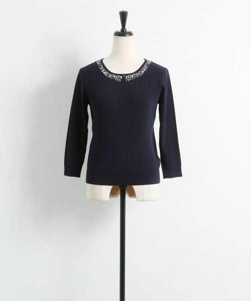 tocco closet（トッコ　クローゼット）の「パールビジュー装飾ワイドリブニットプルオーバー（Tシャツ/カットソー・レディース・ネイビー/ラベンダー・M）」の10枚目の写真