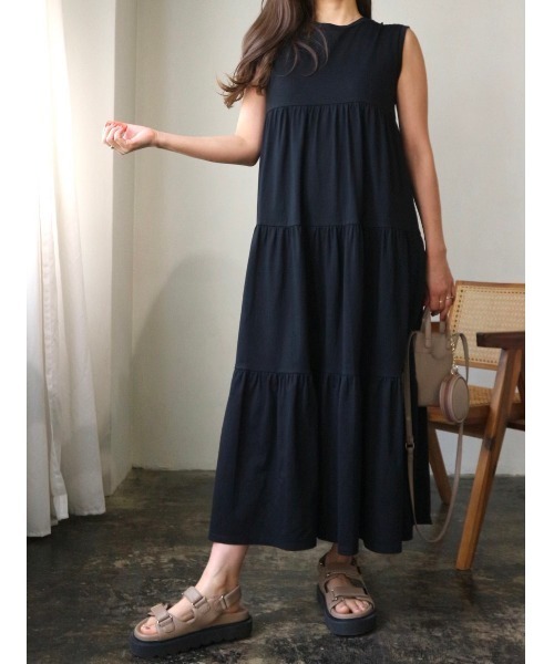 TRUNC（トランクエイティーエイト）の「Gather Tiered N/S Cut OP（ワンピース・レディース・ブラック/グリーン/グレイッシュベージュ・FREE）」の2枚目の写真