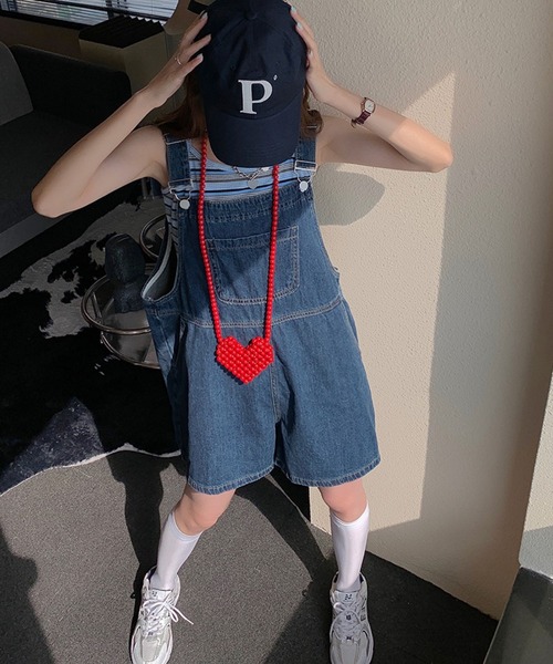 meJane（ミージェーン）の「ワイドデニムショートオーバーオール（サロペット/オーバーオール・レディース・インディゴブルー・FREE）」の2枚目の写真