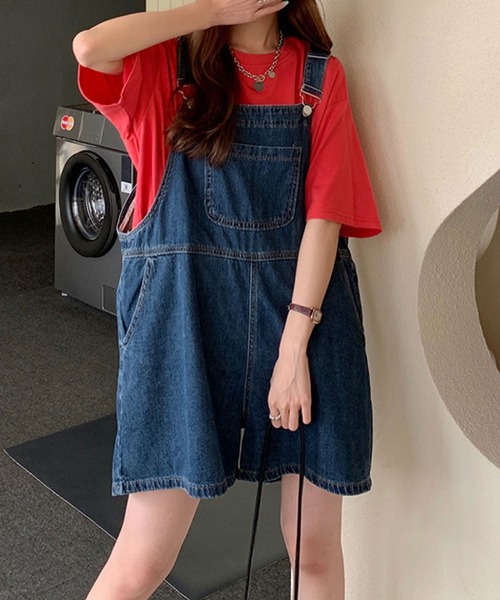 meJane（ミージェーン）の「ワイドデニムショートオーバーオール（サロペット/オーバーオール・レディース・インディゴブルー・FREE）」の5枚目の写真