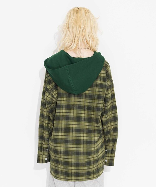 X-girl（エックスガール）の「HEAVYWEIGHT FLANNEL HOODED SHIRT（シャツ/ブラウス・レディース・ブラック/オリーブ/レッド・S/M）」の5枚目の写真