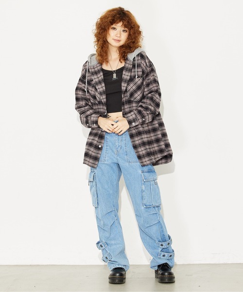 X-girl（エックスガール）の「HEAVYWEIGHT FLANNEL HOODED SHIRT（シャツ/ブラウス・レディース・ブラック/オリーブ/レッド・S/M）」の21枚目の写真