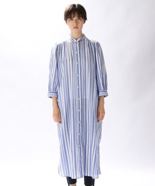 極美品 23ss TICCA シルク 絹混 ストライプ シャツ ワンピース 青 極美品 23ss TICCA シルク 絹混 ストライプ シャツ ワンピース