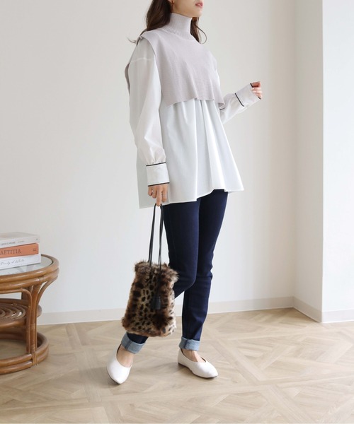 HER CLOSET（ハークローゼット）の「【HERCLOSET】ケープハイネックニット（付け襟・レディース・ホワイト/ブラック/グレイッシュベージュ・M）」の21枚目の写真