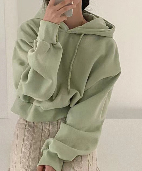 DAY CLOSET（デイ クローゼット）の「レディース 裏起毛フード付きリブクロップドスウェット（スウェット・レディース・ネイビー/ピンク/グリーン/アイボリー/ダークグレー・ONE SIZE）」の3枚目の写真