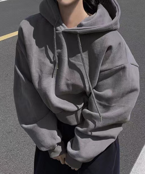 DAY CLOSET（デイ クローゼット）の「レディース 裏起毛フード付きリブクロップドスウェット（スウェット・レディース・ネイビー/ピンク/グリーン/アイボリー/ダークグレー・ONE SIZE）」の13枚目の写真