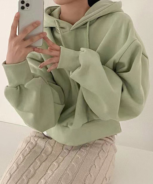 DAY CLOSET（デイ クローゼット）の「レディース 裏起毛フード付きリブクロップドスウェット（スウェット・レディース・ネイビー/ピンク/グリーン/アイボリー/ダークグレー・ONE SIZE）」の15枚目の写真