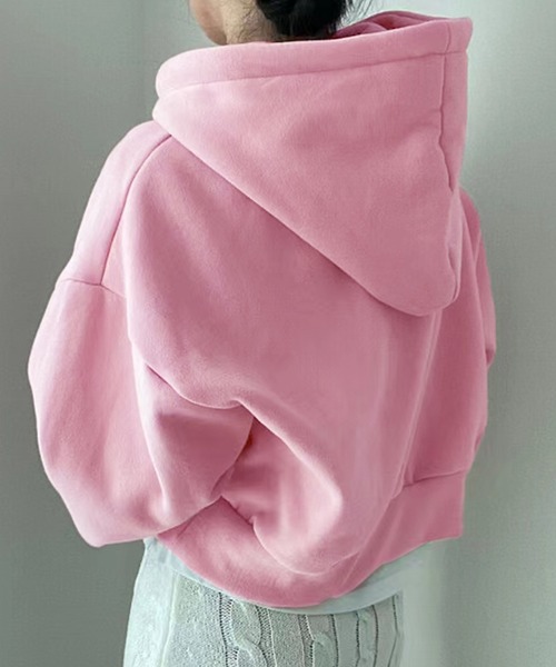 DAY CLOSET（デイ クローゼット）の「レディース 裏起毛フード付きリブクロップドスウェット（スウェット・レディース・ネイビー/ピンク/グリーン/アイボリー/ダークグレー・ONE SIZE）」の7枚目の写真