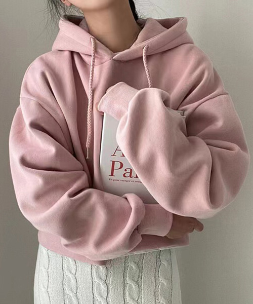 DAY CLOSET（デイ クローゼット）の「レディース 裏起毛フード付きリブクロップドスウェット（スウェット・レディース・ネイビー/ピンク/グリーン/アイボリー/ダークグレー・ONE SIZE）」の9枚目の写真