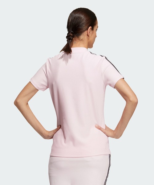 adidas ピンク ストライプ ポロシャツ XL セール】スリーストライプス 半袖モックネックシャツ【adidas