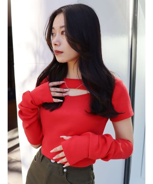 EVRIS（エヴリス）の「アームウォーマーショートトップス（Tシャツ/カットソー・レディース・レッド/ホワイト/ブラック・FREE）」の7枚目の写真