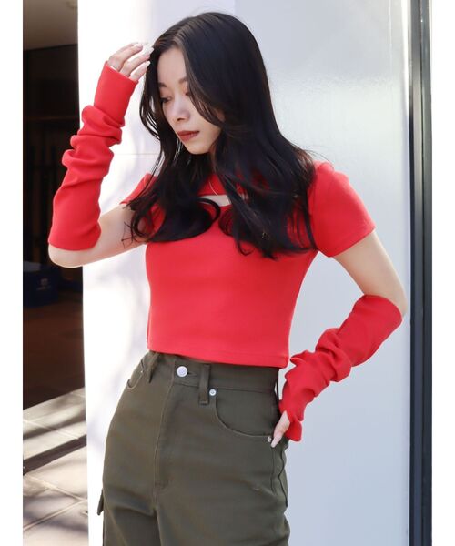 EVRIS（エヴリス）の「アームウォーマーショートトップス（Tシャツ/カットソー・レディース・レッド/ホワイト/ブラック・FREE）」の12枚目の写真