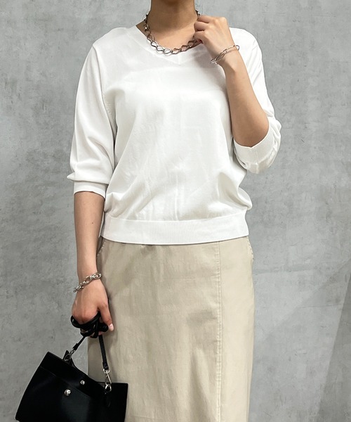 un dix cors（アンディコール）の「五分袖ニットプルオーバー（ニット/セーター・レディース・オフホワイト/ブラック/ホワイト/サックスブルー・FREE）」の2枚目の写真